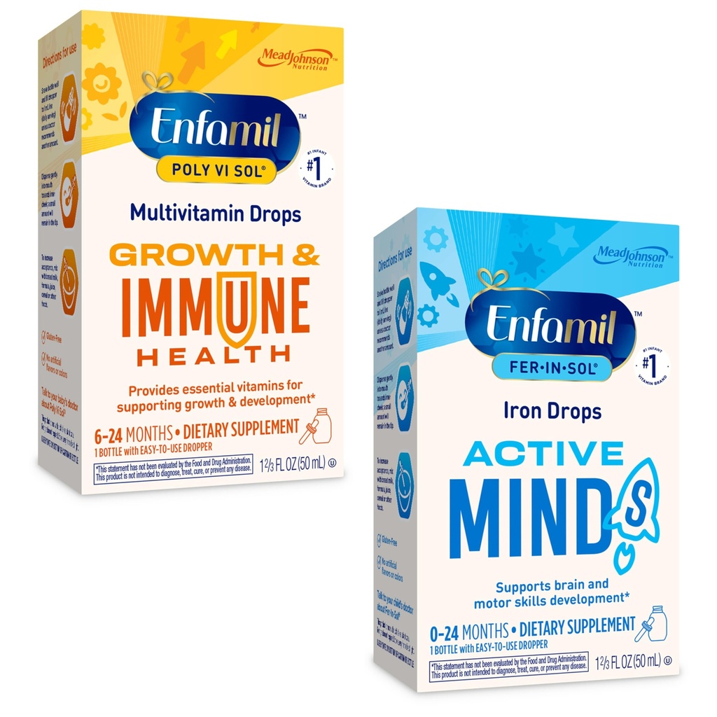 Enfamil poli-Vi-sol in železovi železovi tekoči kapalni multivitaminski dodatki za dojenčke in malčke, 2 x 50 ml steklenička s kapalko