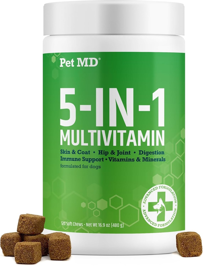 Dog Multivitamin MD 5in1 - 30 Esencialnih vitaminov, mineralov in hranil za kožo in plašč, Hip & Joint, Digestion, Imuni & Senior Dog Vitamins - Glukozamin, Omega 3 6 9, & Probiotiki - 120 ct