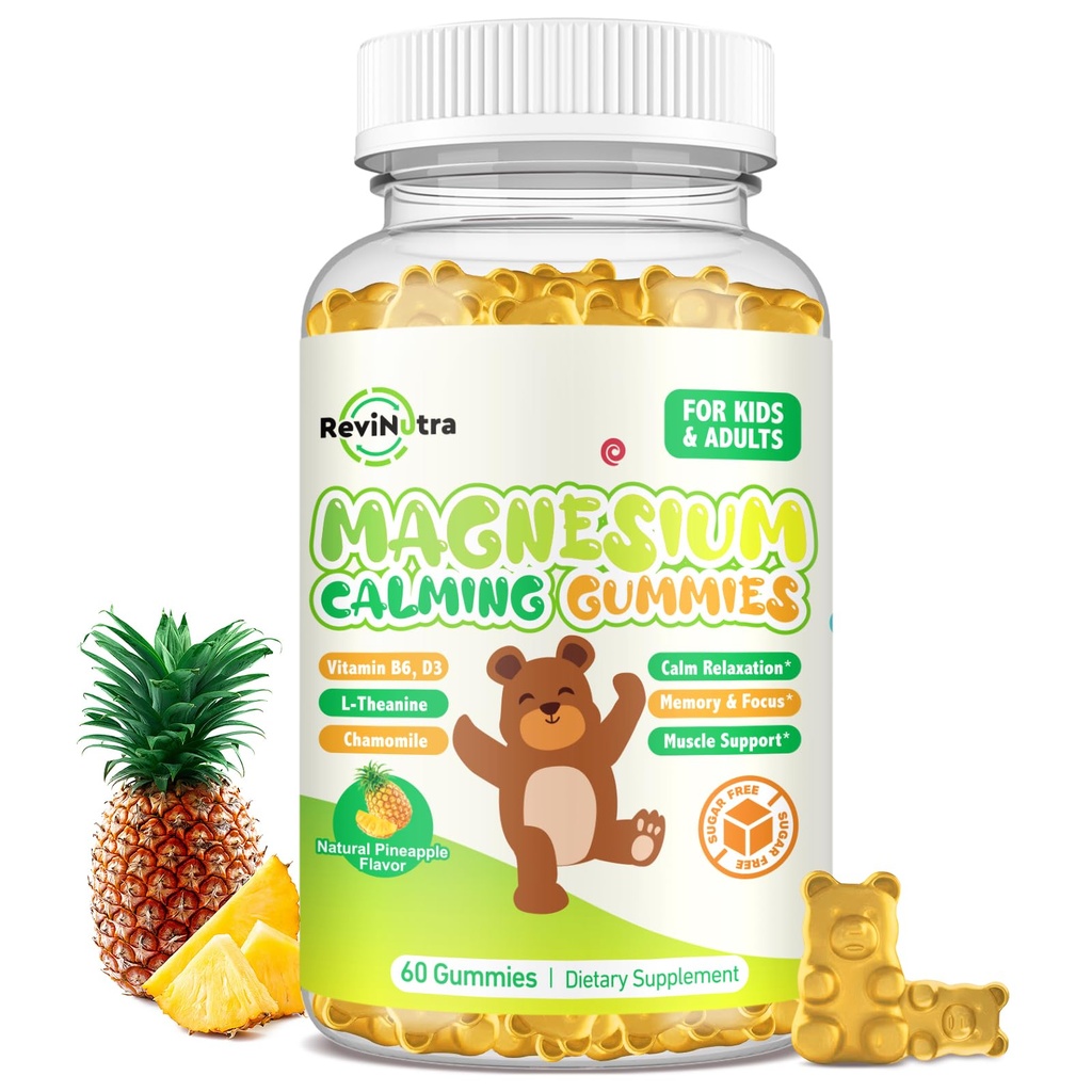Magnezij Gumiji za otroke - Magnezij Glycinate Gumies dodatek z L-Theanin, Vitamin B6, D3 za odrasle & otroke, Miren Magnezij za spanje, Sprostitev, možgani, kosti, Sugar Free Ananapple 60ct