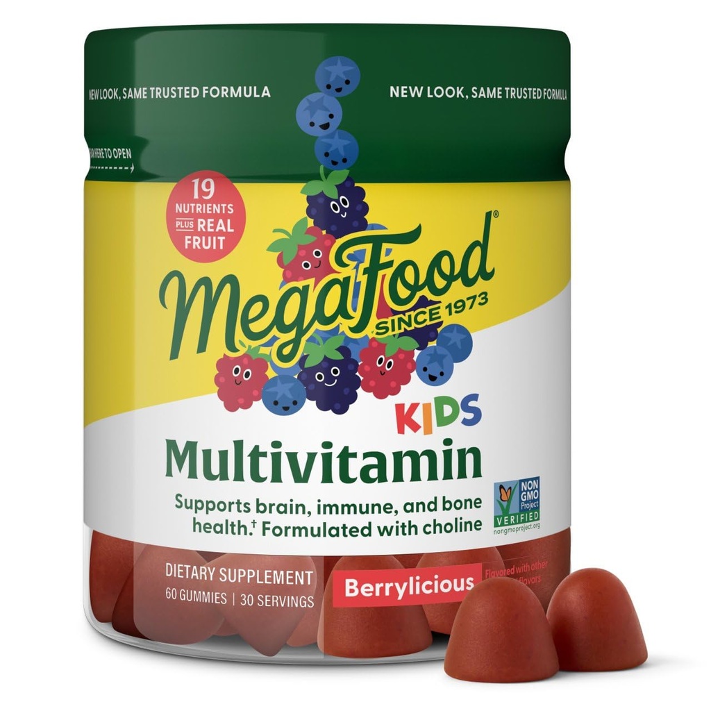 Megafood Kids Multivitaminski žvečilni gumiji - Otroci Vitamini - Starost 4+ z vitaminom C, vitaminom D, cinkom, holinom in resničnim sadjem - Brain & Imune Support - Berrylicious Flavor - 60 Gummies (30 strežnikov)