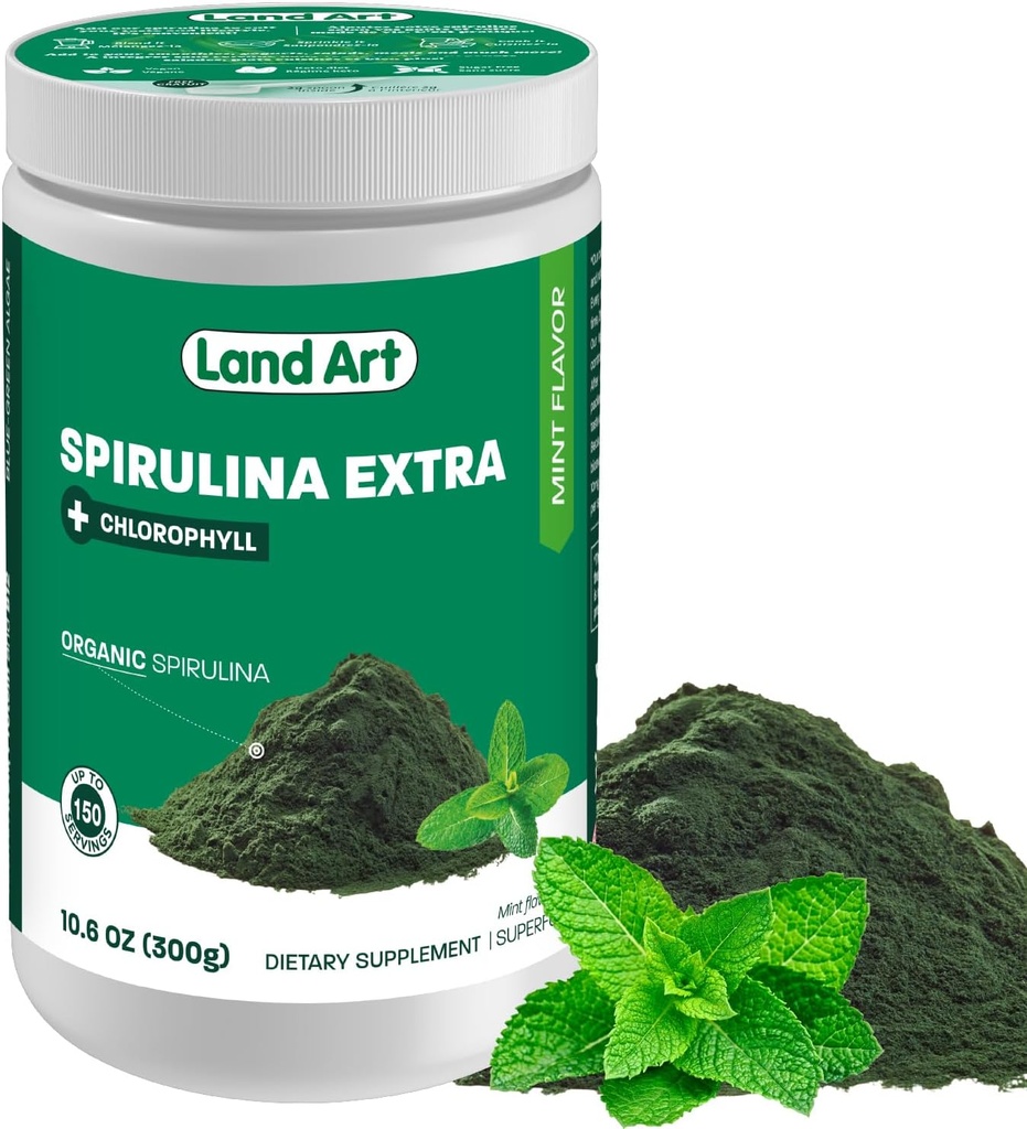 Land Art Organic Spirulina Extra Powder - metin okus - 100% Pure - 75 Serving - Superfood - Dober okus in dober vonj - 10% Bioaktivni klorofil - Močan vir antioksidantov