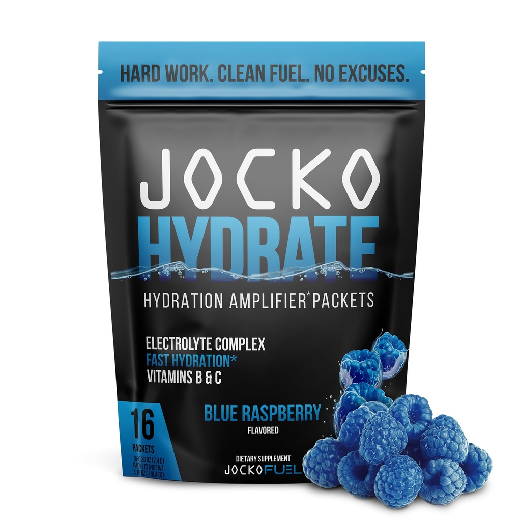 Jocko Fuel Hydrate Elektroliti Powder Packets nizek sladkor - Hidracija Ojačevalec Packets za regeneracijo, Dehidracija, & Vadba - z vitamini B6, B12 & C (16 Packets) Modra malina