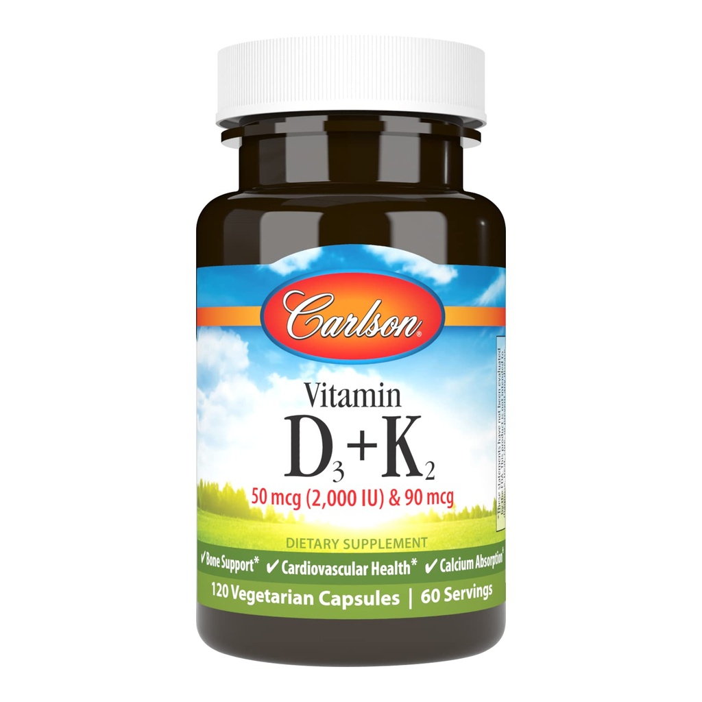 Carlson - Vitamin D3 + K2, 50 μg (2000 i.e.) Vitamin D3 & 90 μg Vitamin K2 v obliki MK7, podpora kosti, kalcijeva absorpcija, 120 kapsul