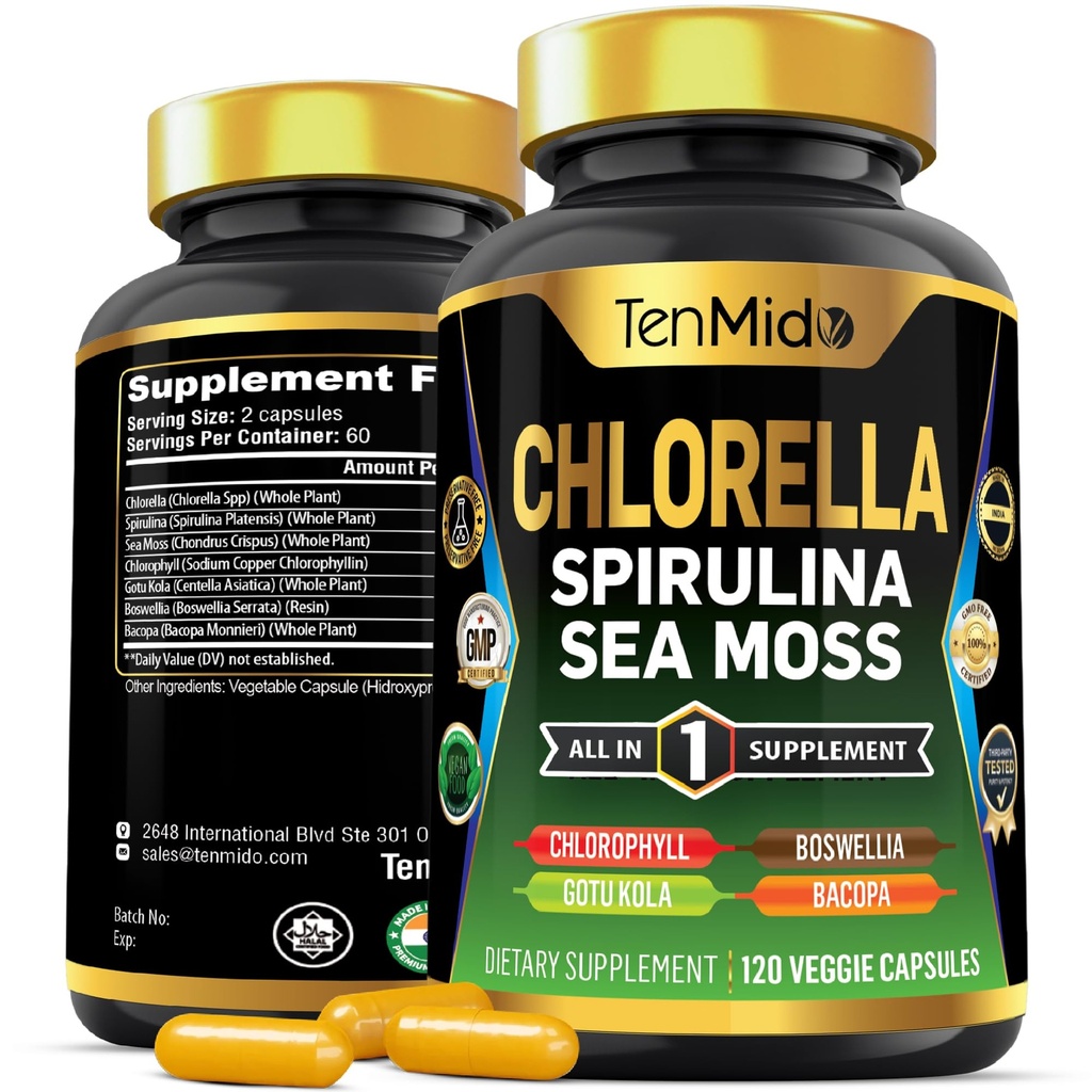 Klorela dodatek za moške in ženske - 7 v1 Formula s Spirulina, Sea Moss, Klorofil, Gotu Kola, Boswellia & Bacopa - Imunska podpora - bogata z hranili, vitamini - 120 kapsul