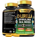 Klorela dodatek za moške in ženske - 7 v1 Formula s Spirulina, Sea Moss, Klorofil, Gotu Kola, Boswellia & Bacopa - Imunska podpora - bogata z hranili, vitamini - 120 kapsul