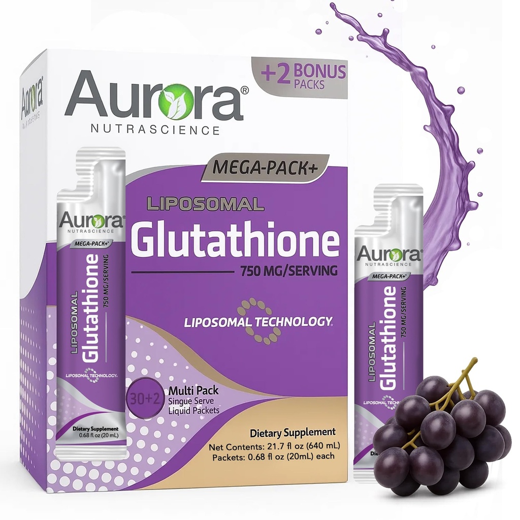Aurora Nutrascience Mega-Liposomalni tekoči glutation, Imuno & antioksidant Gut Health Support Supplement, 750 mg na strežbo, ne-GMO, Sugar-free, 32 enotnih servirnih paketov