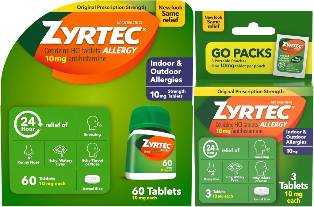 Zyrtec 24 ur Alergija Relief tablete, Notranja in zunanja Alergija Medicina z 10 mg Cetirizine HCl na antihistaminik Tableta, Bundle Pack, 60 ct + 3 ct Potovalna pakiranja, 63 Število