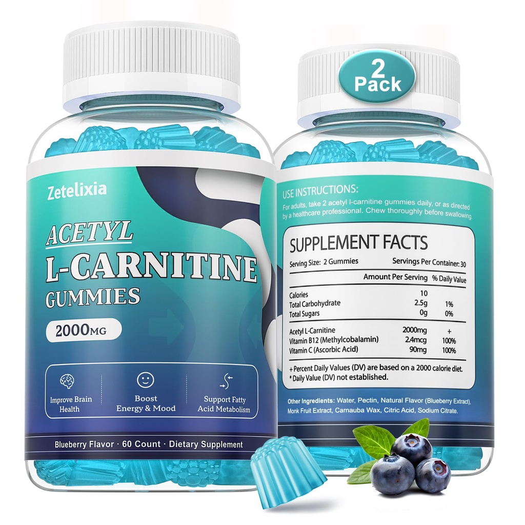 2 Pack Sugar Free Acetil L-karnitin Gumies, L-karnitin dodatek za ženske in moške, z vitaminom C & B12, ALCAR za energijo, Brain & Heart Health Support, Vegan, Non-GMO, 120 Count