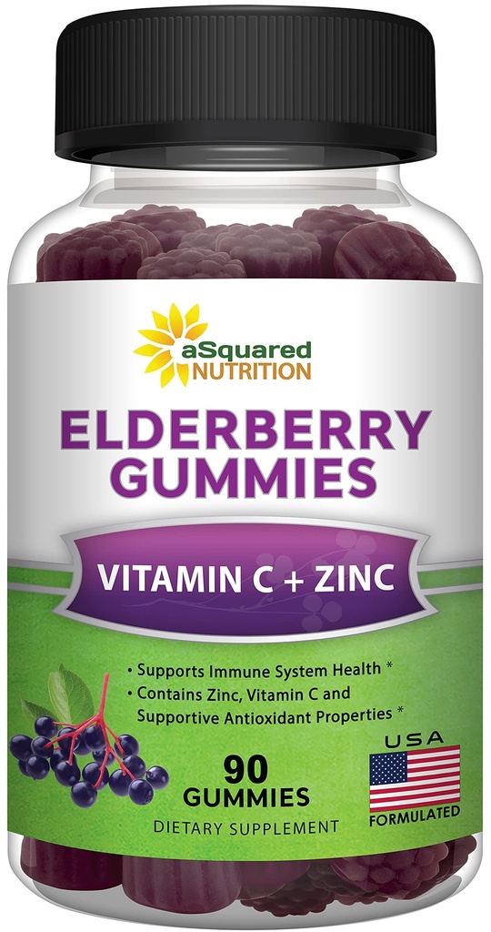 aSquared Nutrition Sambucus Elderberry Gummies z cinkom in vitaminom C - žvečljivi Gummy dodatek Alternative za kapsule Tablete - črne Bezgove jagode w/VIT C za odrasle Imunska podpora - 90 Gummies