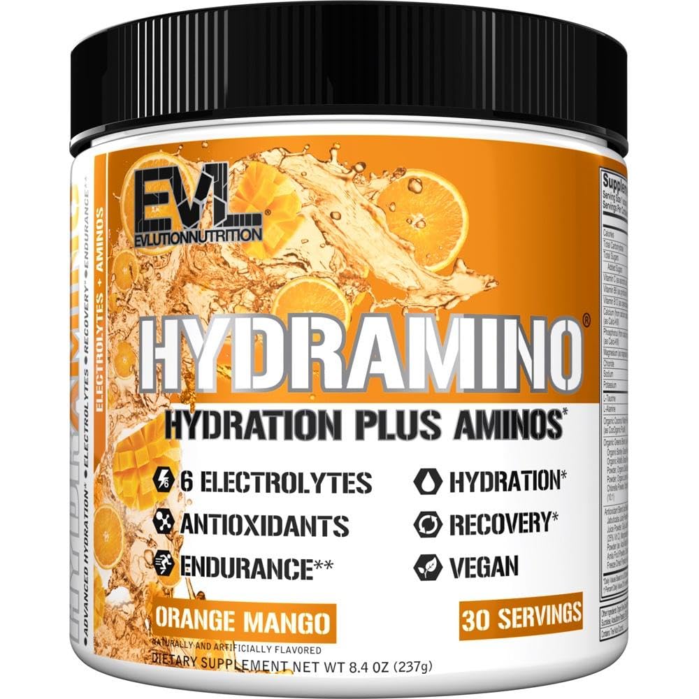 Evalution Nutrition HYDRAMINO Complete Hydration Multiplier, Vseh 6 Elektroliti, Vitamin C & B, Fluid povečanje aminokislin, Kokosova voda, vzdržljivost, Recovery, Antioksidanti, 30 Serve, Orange Mango