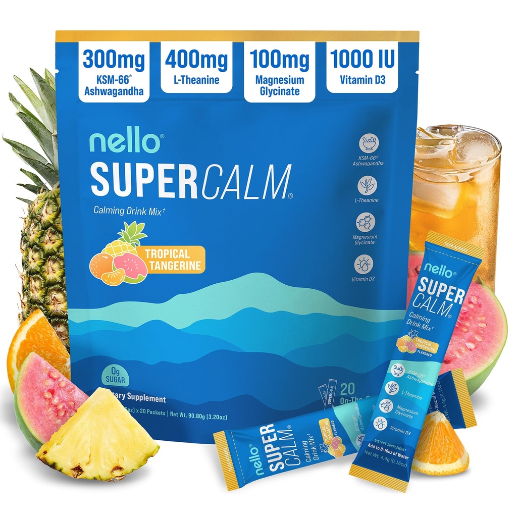 Nello Supercalm v prahu mešana mešanica, tropski tangerin, L Theanine, Ksm-66 Ashwagandha, magnezijev glicinat, vitamin D 3, dodatki za sprostitev in fokus, naravni, brez sladkorja, ne gensko spremenjeni organizmi, 20 Srvg