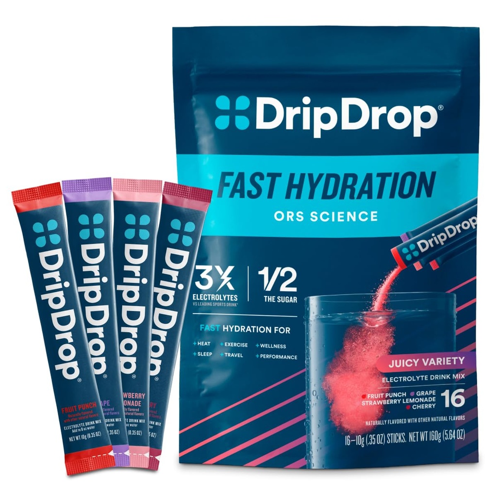 DripDrop Hydration Packets - Juicy Variety Pack - eno serviranje Elektroliti v prahu pijača Mix - Grozdje, sadni Punch, Jagodna limonada, Cherry - Non-GMO, Gluten Free, Vegan - 16 palice