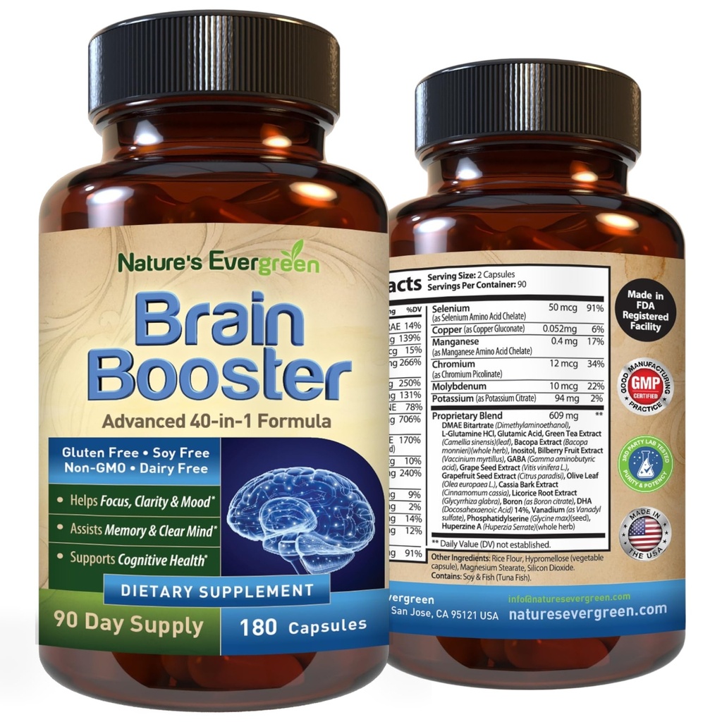 Brain Booster 40-v-1 Formula Dopolnilo za fokus, Spomin, Jasnost, Energija 