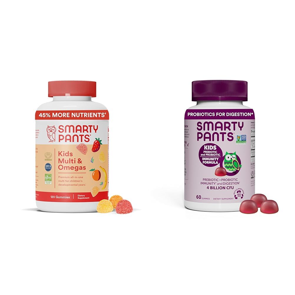 SmartyPants Kids Multivitaminski gumiji in probiotična imuniteta paket: Omega 3 ribje olje (EPA/DHA), Vitamin D3, C, Vitamin B12, B6, Prebavni in Imunski dodatek (30 dan dobave)