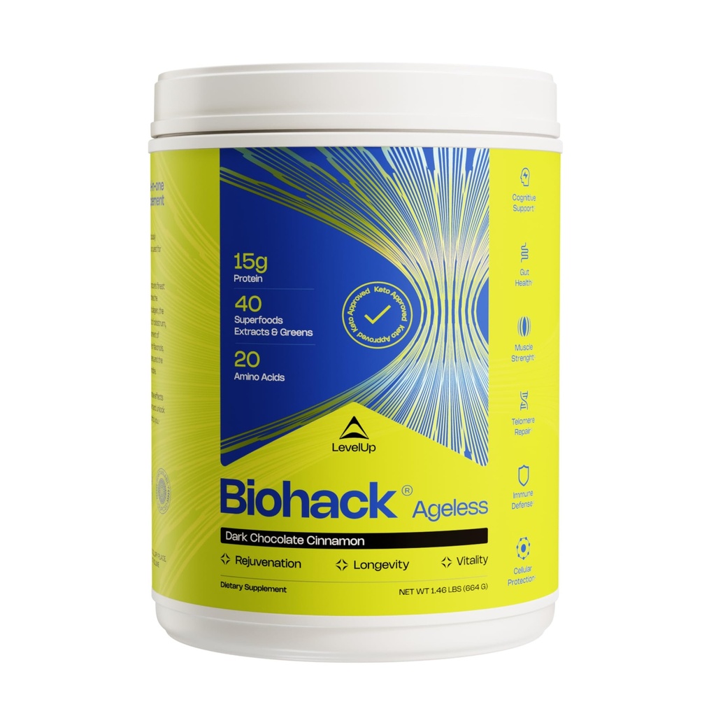 LevelUp Biohack brez starosti: Colostrum Collagen Superfoods Antioksidanti Spermidin Aminokisline Kreatin za ženske in moške, skupno pomlajevanje telesa (temna čokolada cimet)