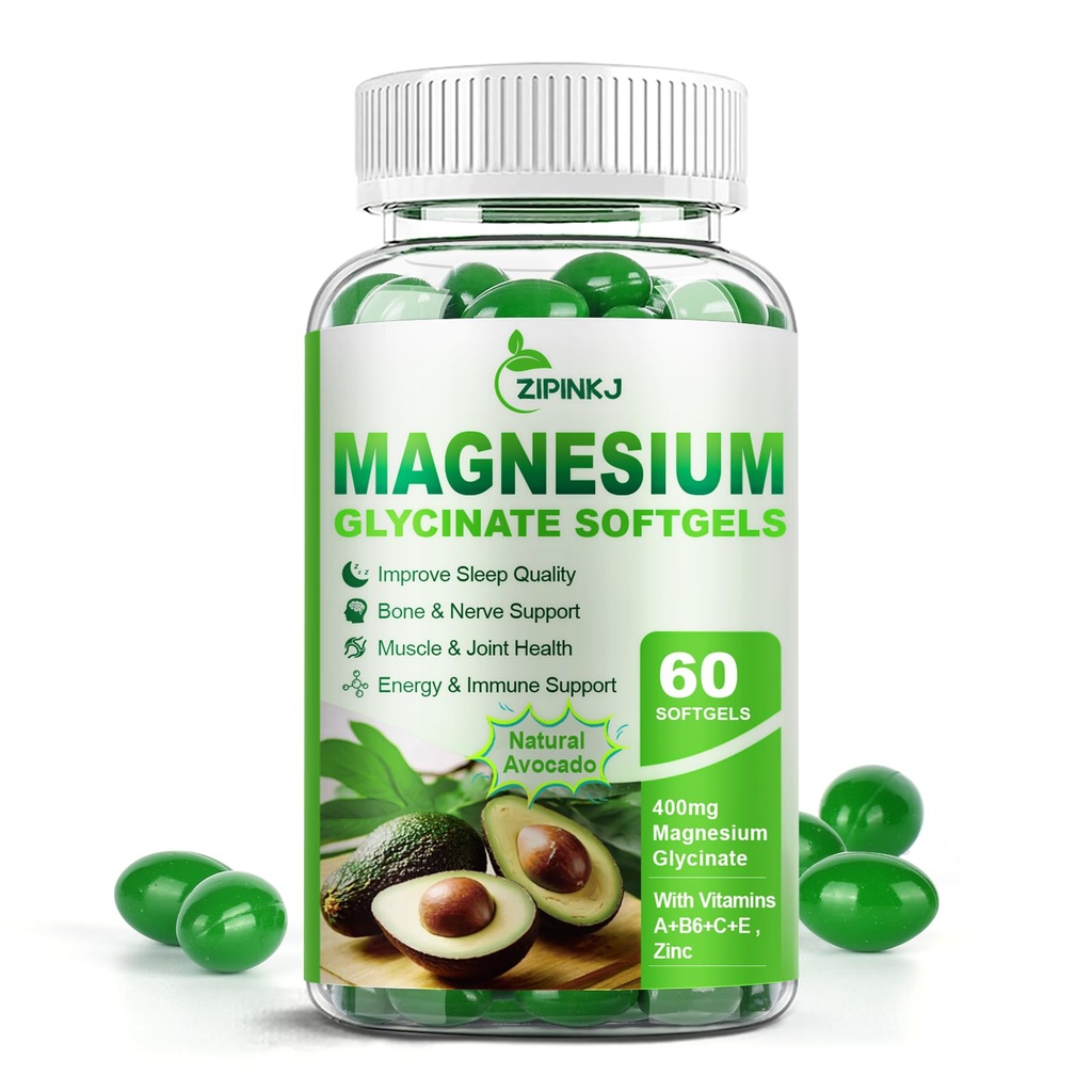 Magnezij Glycinate 400mg, visoka absorpcija Magnezij dopolnila Mehčalci z vitaminom E, B6, cink za spanje, miren, mišična sprostitev in zdravje kosti, Gluten-free, Ne-GMO, 60 mehkih gelov