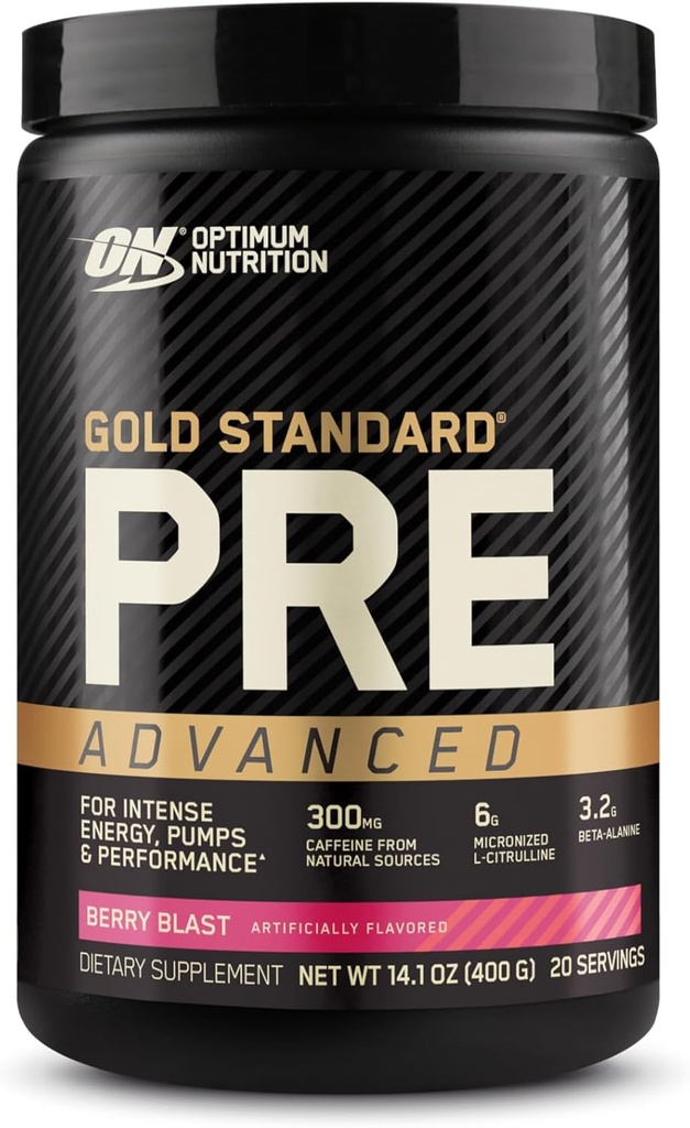 Optimum Nutrition Gold Standard Pre Workout Advanced, z Kreatine, Beta-Alanin, Micronized L-Citrulin in kofein za energijo, Keto Friendly, Berry Blast, 20 Servingov