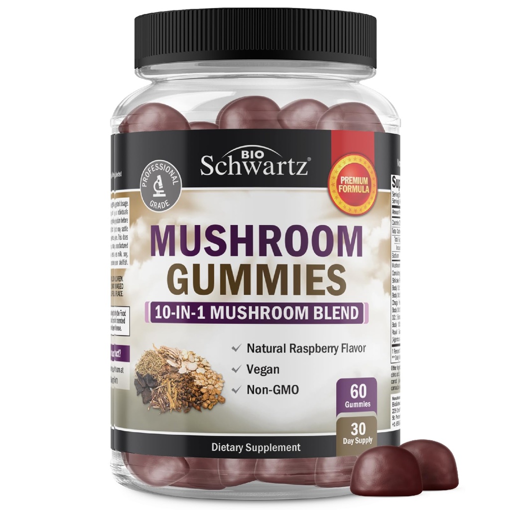Gobe Gumiji za odrasle - 10 v 1 Funkcionalna goba dodatek za Mood in fokus z levi griva Turčija Tail Cordyceps Shiitake Reishi - Vegan, Non-GMO, Sveže malina aroma, 60 grof