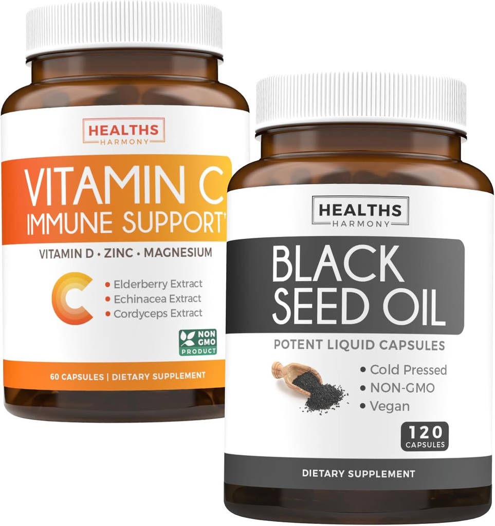 Črno seme in vitamin C (2-mesečna zaloga) Popolna obramba Imunska mešanica črnega olja semen - Nigellia Sativa Cold-Presed Cumin Seme (120 Capules) & Vitamin C Imunska podpora (60 vegetarijanskih tablet)