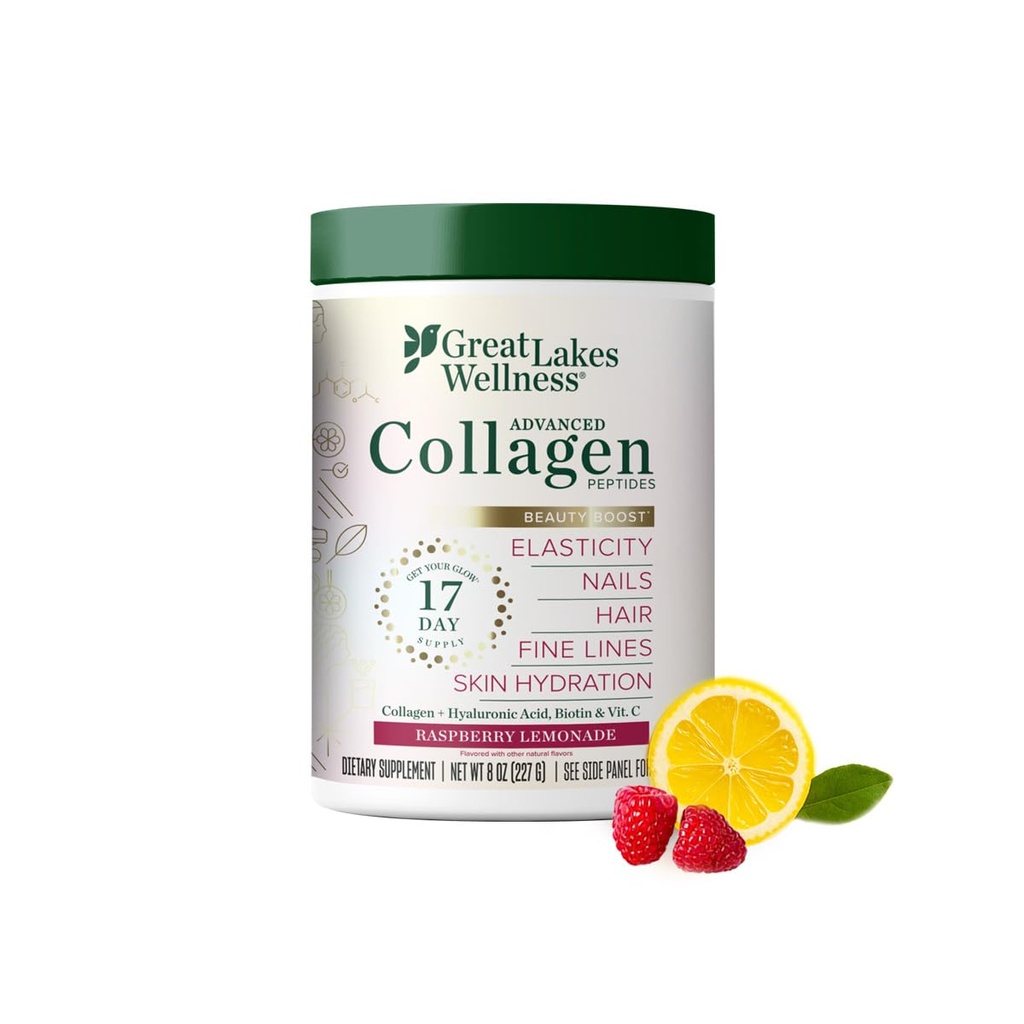 Velika jezera Wellness Beauty Boost Advanced Collagen Peptides Powder s hialuronsko kislino, Biotin, Vitamin C - Elastičnost kože in hidracija - Raspberry Limonade Flavor - Non-GMO, Keto, Košir - 8 oz