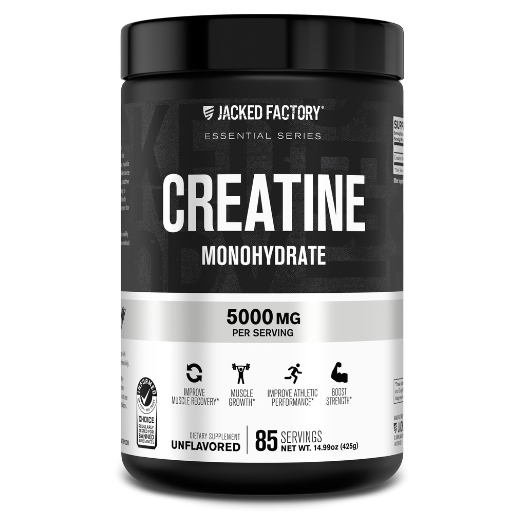Jacked Factory Kreatin Monohidrat v prahu 425g - 5g Dnevni kreatin dodatek za moške in ženske, Vegansko-prijateljski, tretje-party Tested - 85 Serving, Nearomated