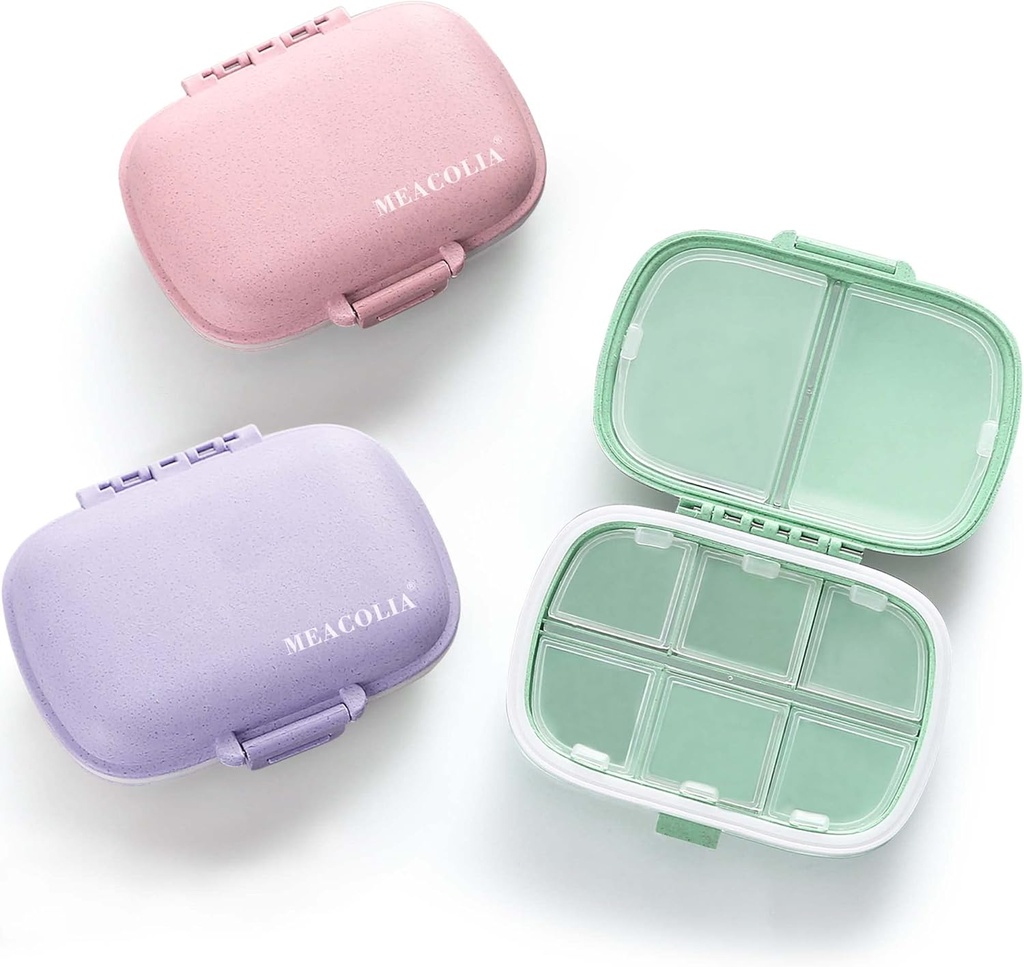 MEACOLIA 3 Pack 8 Compartments Travel tablet Organizator, Dnevne tablete Primer majhne tablete Škatla za žepno torbico, Prenosne tablete Kontejner Medicine Vitamin Organizator (Purple, Green, Pink)