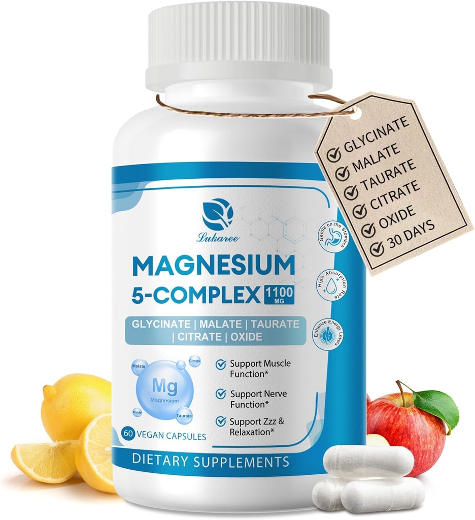 5-v-1 Magnezijev kompleks dodatek z vitamini in zeliščnimi izvlečki, 30 dni dobava z magnezijevim glicinat Citrat malate Taurat Oksid za mirno mišično energijo Cortisol Balance, Vegan