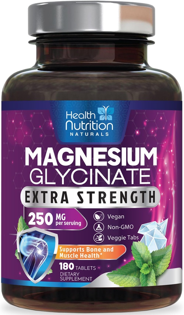 Magnezij Glicinat 250mg - 100% kelirani magnezij za Max Absorpcijo - podpora za spanje, mišice, živci, zdravje kosti in srca, Best Mag dodatek, Vegan Non-GMO, 3. stranka Tested - 180 tablet