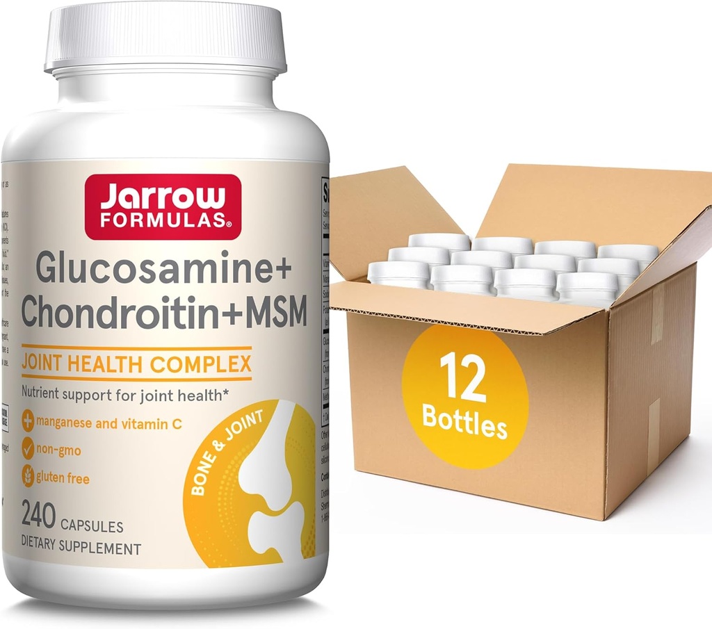 Jarrow Formule Glukozamin + Chondroitin + MSM Kapsule, dodatek za skupno podporo z vitaminom C in manganom, 240 Kapsule, 60 dnevna zaloga, pakiranje po 12