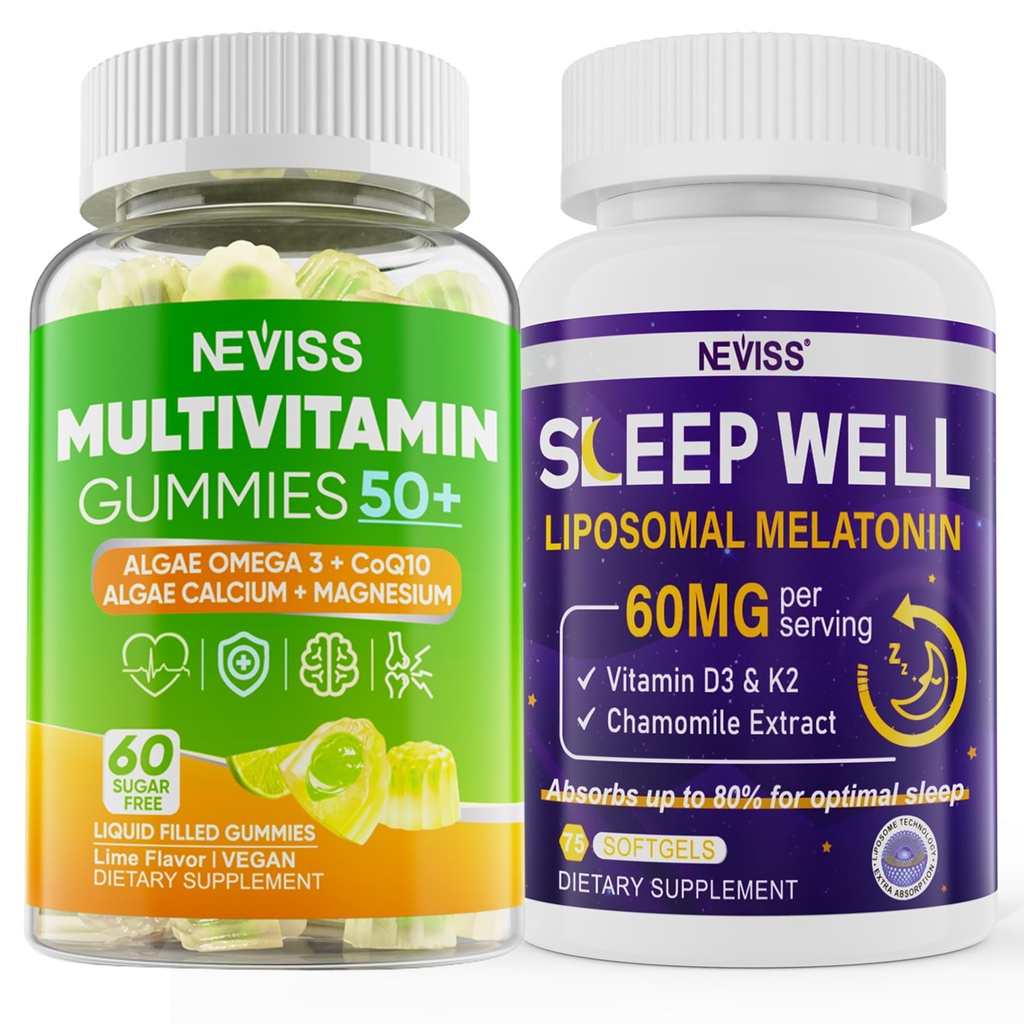 NEVISS Ženske in moški 50+ Multivitaminski Gummy in Melatonin 60mg paket