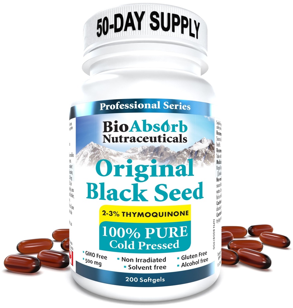 Bio Absorb Black Seed Oil hladno stisnjene kapsule. 200 softgels, 500mg (50-dnevno oskrbo). Brez pookusa.