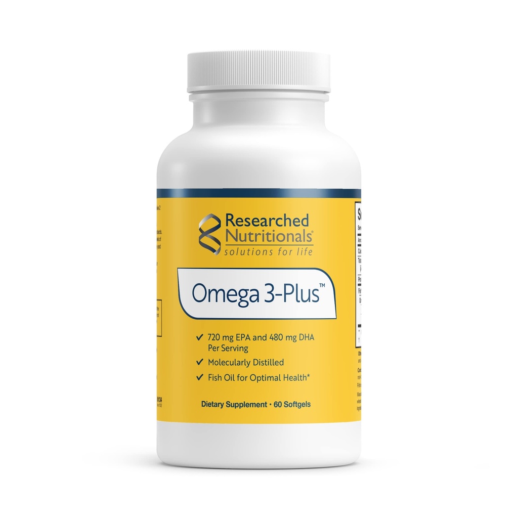 Researched Nutritionals Omega-3 Plus ribje olje - EPA DHA Omega 3 Dopolnilo k podpori kardiovaskularno zdravje in zdravje možganov - Molekularno destilirano za čistoto in varnost (60 Softgels)