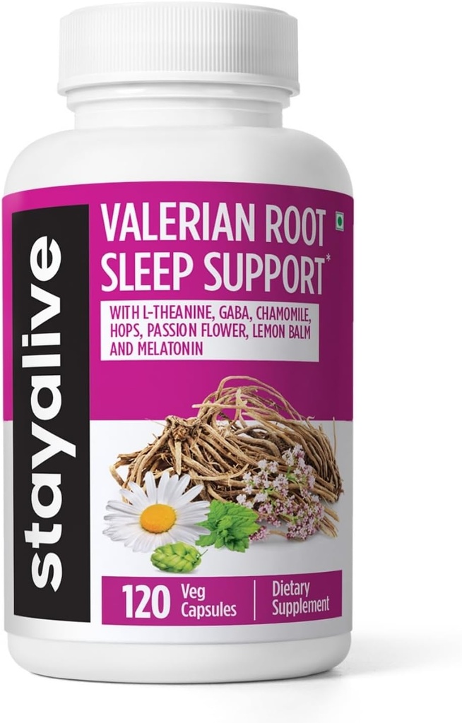STAY ŽIVE Valerian Root Kapsules, 8-v-1 Extract w/Melatonin, Passion Flower, L-Theanine, Lemon Balm, Hops Cvet, Kamilica & GABA, 120 Valerian tablete, Non-GMO & Gluten-free Naravni spanec dodatek