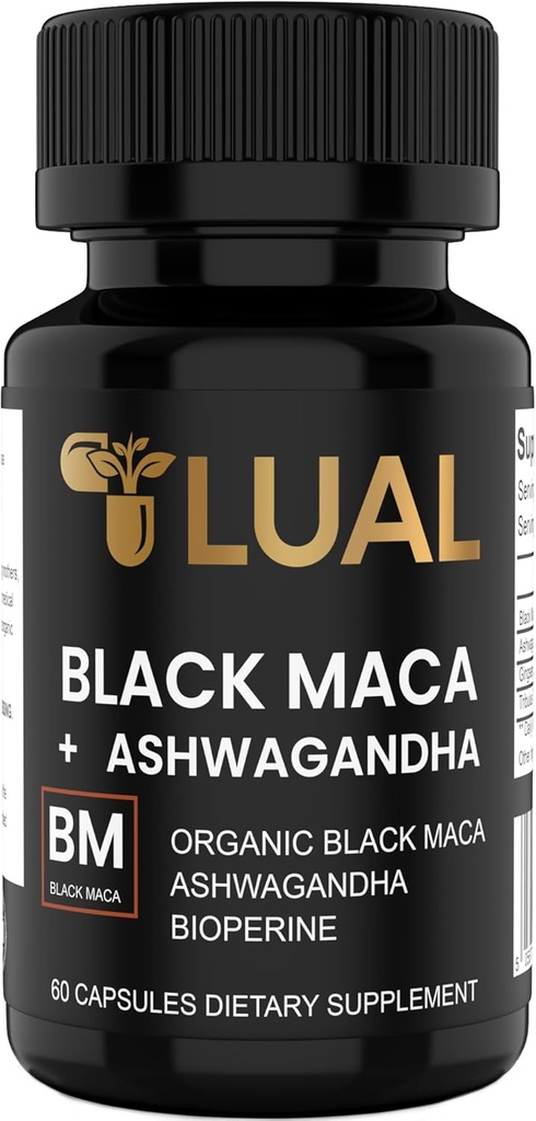 LUAL 30.000mg 30x Jakost Organska črna Maca Korenina z Ashwagandha - Najvišja moč Črna Maca Root Kapsule za moške - 100% Pure Maca Peruana Powder Organic, želatiniziran, Non-GMO - 60 Tablete