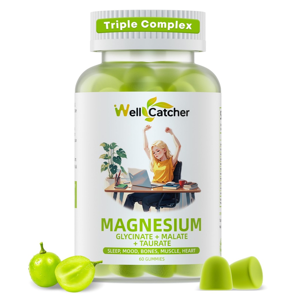 Magnezijev kompleks Gumiji za odrasle: Trojni magnezijev dodatek z magnezijevim glicinatom Malate Taurat za moške ženske Podpora spanje Mood Uravnotežena kost Mišično zdravje Sugar Free Organic 60CT