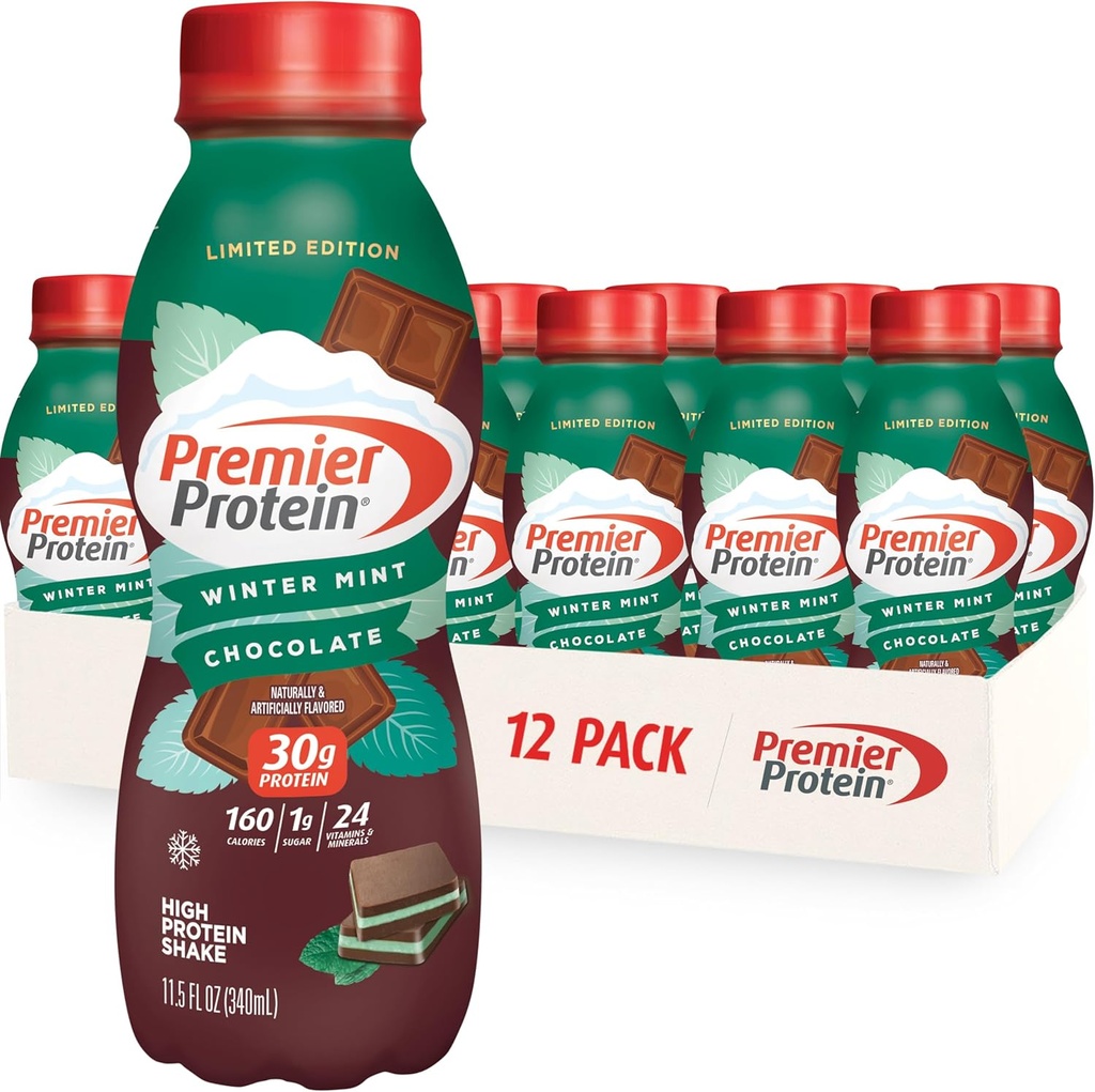 Premier Protein Shake, Omejena izdaja Winter Mint Chocolate, 30g proteini, 1g sladkor, 24 Vitamini in minerali, Hranila za podporo imunskega zdravja, 11.5 oz, 12 pakiranje