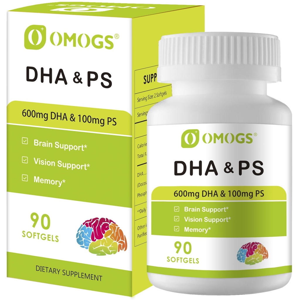 OMOGS Algae DHA - 600 mg Omega-3 DHA Softgels, s fosfatidilserin & Walnut olje, podpira zdravo delovanje možganov, vid, oči in spomin, Gluten brezplačno, Non-GMO Vegan Algae olje, 90 Mehkužci