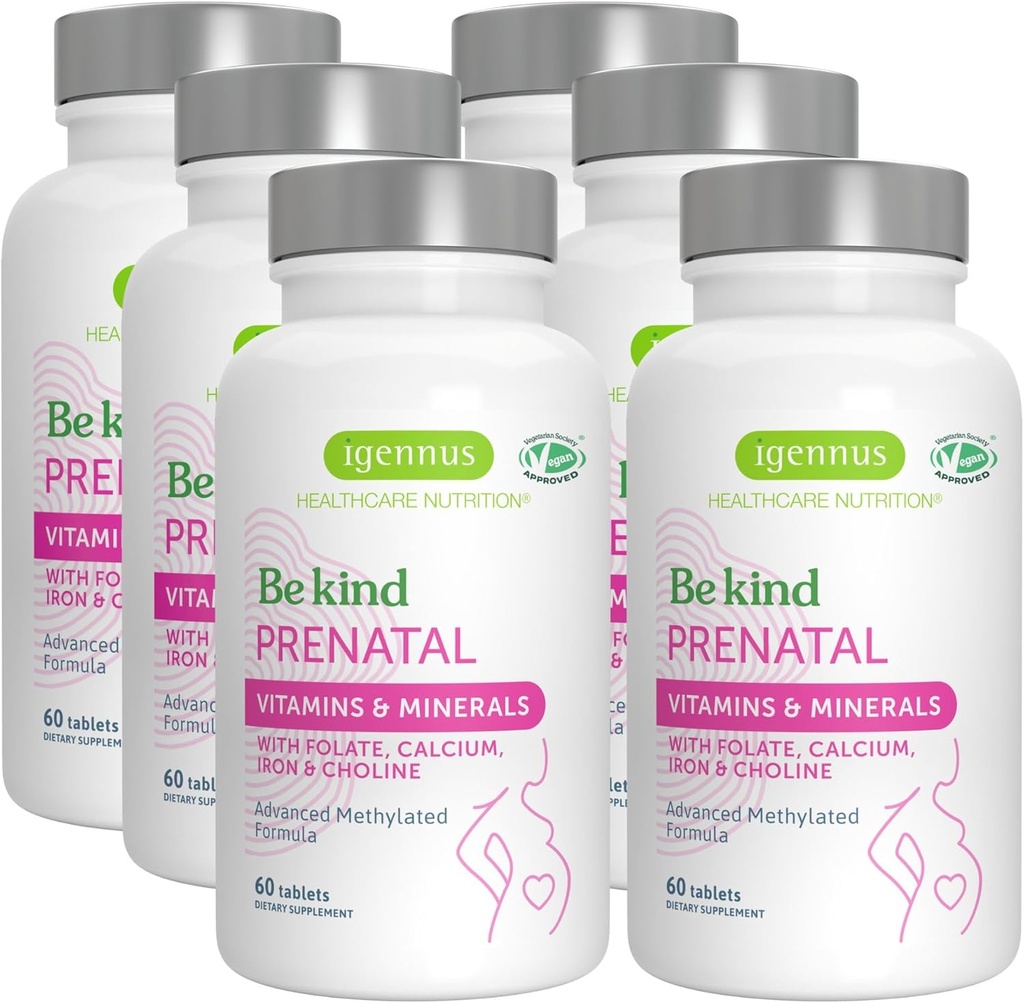 Igennus metilirani prednatalni multivitamin za ženske, folat za MTHFR, visoka absorpcija, čisto in čisto, nežno železo, holin, kalcij in magnezij, veganski vitamini za nosečnost, halal, ne- GMO, 60 tablet x 6