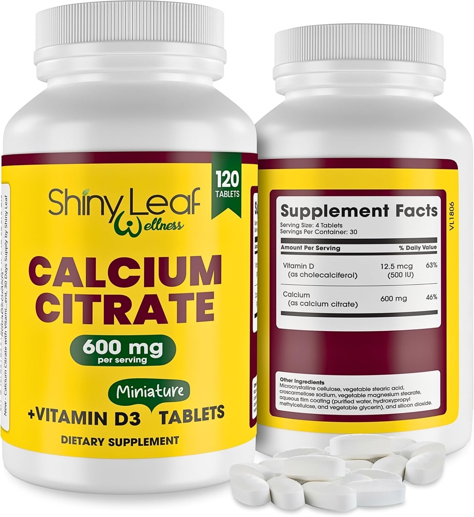 Shiny Leaf Calcium Minis 600 mg - dnevne tablete kalcijevega citrata 600mg Plus Vitamin D3 za Bariatric post-op in Gastric bypass za ženske in moške, enostavno za pogoltniti, Made in USA, Vegetarian - 120 Ct.
