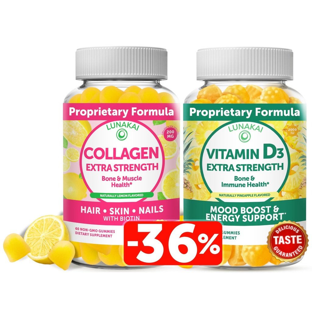 Lunakai Collagen in vitamin D3 Gummies Bundle - Ne-GMO dopolnila proti staranju za moške in ženske - Imuniteta, podpora kosti in razpoloženja Gummy za odrasle - 30 dni