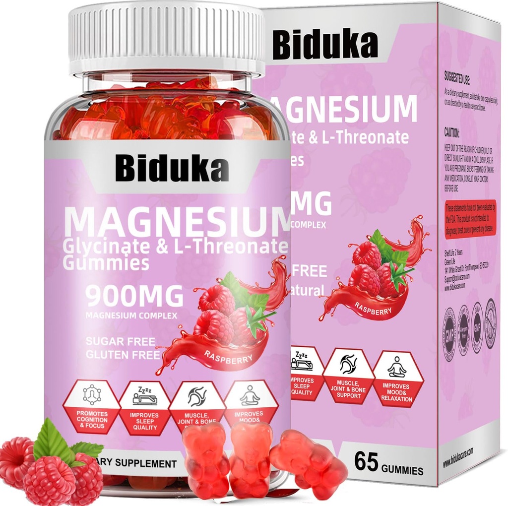 900mg Magnezij kompleks 65 Malina Gumies, sladkor prost Magnezij Glicinat & L-treonat Kalij dodatek z vitaminom D, B6, CoQ10 za sprostitev