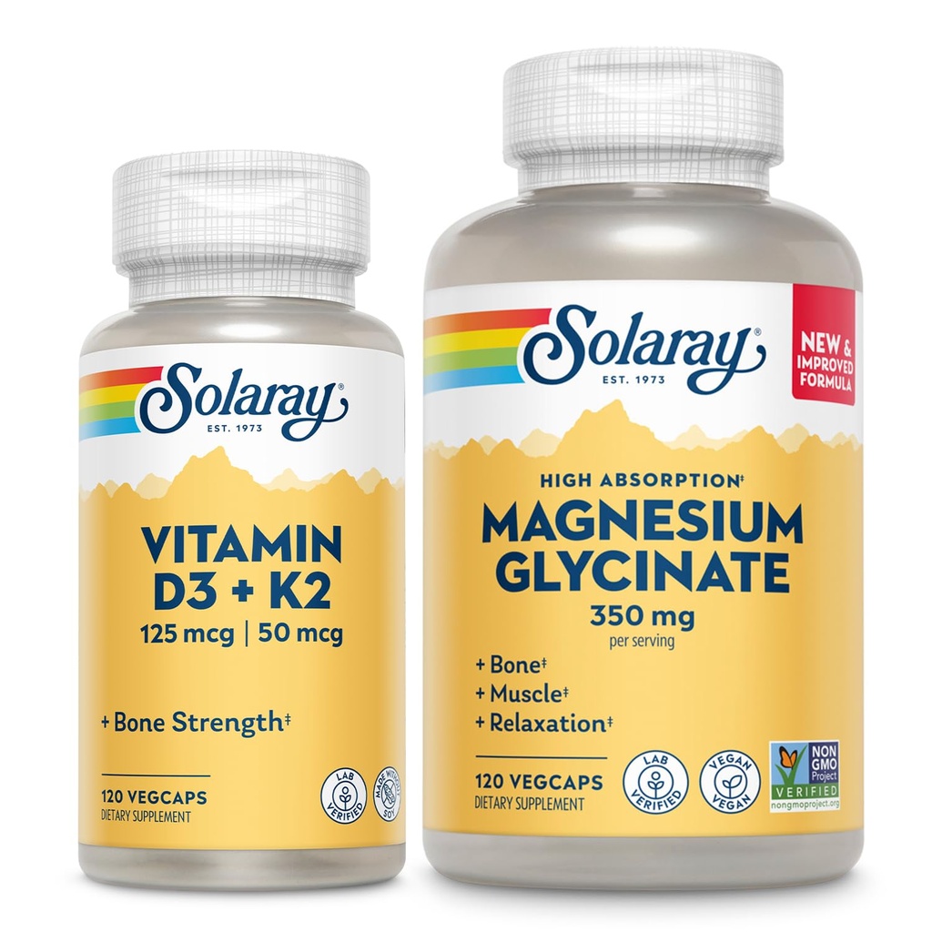 SOLARAY Vitamin D3 K2 in magnezijev glicinat - Zdravje kosti paket - kalcijeva absorpcija, živec, srce in imunske podpore w/ 5000 i. e. vitamin D, 350 mg kelirani magnezij, 60- dan garancije, 120ct/ 120ct