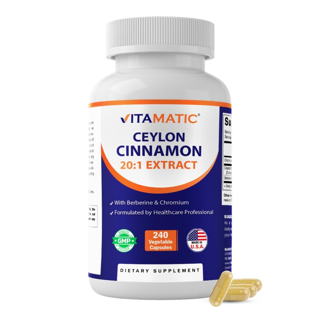 Vitamatski Ceylon Cinnamon 10000 mg ekvivalenten na serviranje (od 20:1 ekstrakt 500 mg) z Berberinom in kromom - 240 zelenjavnih kapsul - brez GMO & gluten