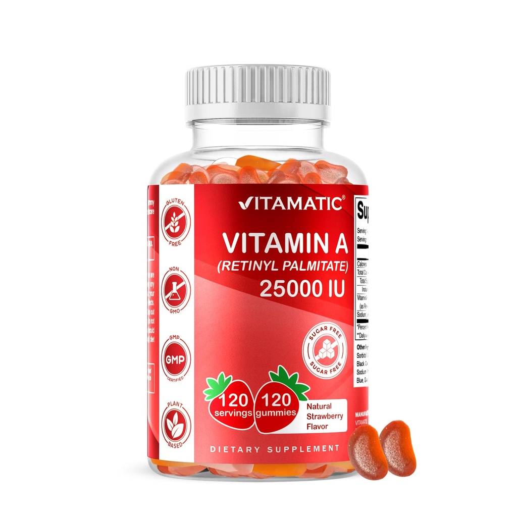 Vitamatski vitamin brez sladkorja A 25000 i.e. gumijevke (Retinil Palmitate) - naravna jagodna aroma - 120 na pektinu osnovanih gumijev (1 steklenica)