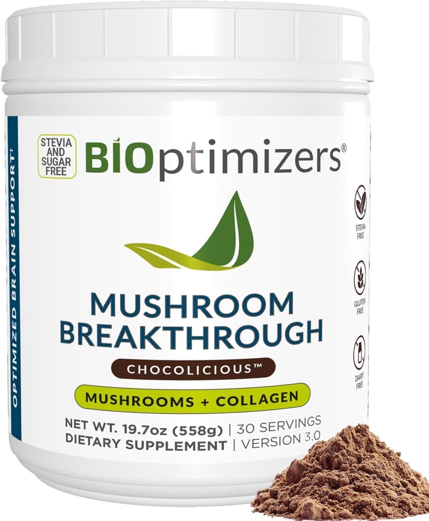 BIOptimizerji Kava iz gob Alternative – Čokoladni napitek – Levja griva, Chaga, Reishi + Kolagen Peptide za fokus, Energija in Gut zdravje – Adaptogene gobe in MCT prašek – 30 Servinges