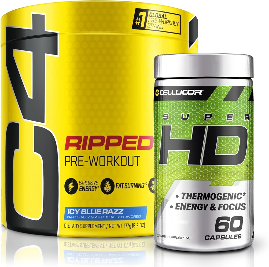 C4 Ripped & SuperHD, The The termogenic Bundele, C4 Ripped Pre Wordout Powder, ICY Blue Razz 30 Serving + SuperHD z Capsimax in izvleček zelenega čaja, 60 Serving