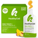 Zdrave celice Vegan Daily Multivitaminski tekoči dodatek z železom in Omega-3, 25+ Esencialni vitamini, minerali in hranila za zdravje možganov in srca, Imunska podpora in energija - 30 Gel paketi