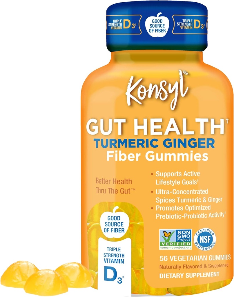 Konsyl Gut Zdravje Kurkuma Ginger Fiber Gummies - pomaga pri podpori Prebavno zdravje+ - Vegetarian Fiber dodatek Gumies za odrasle- 56 Count