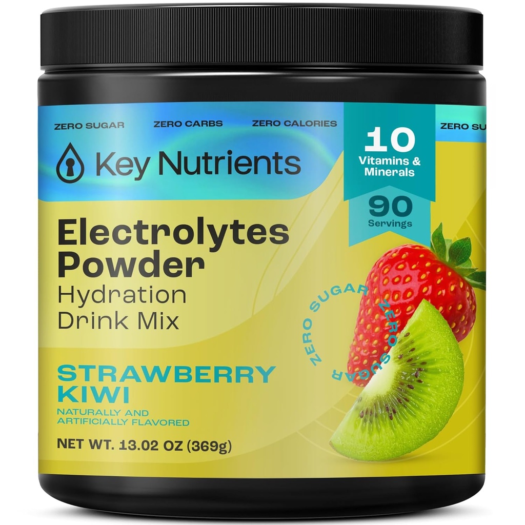 KLJUČNI HRANILCI Multivitaminski elektroliti v prahu Brez sladkorja - Juicy Jagoda Kiwi Elektrolit v prahu - Endurance & Energy Supplement - Hidracija v prahu - Brez kalorij - 90 Serving - Izdelano v ZDA