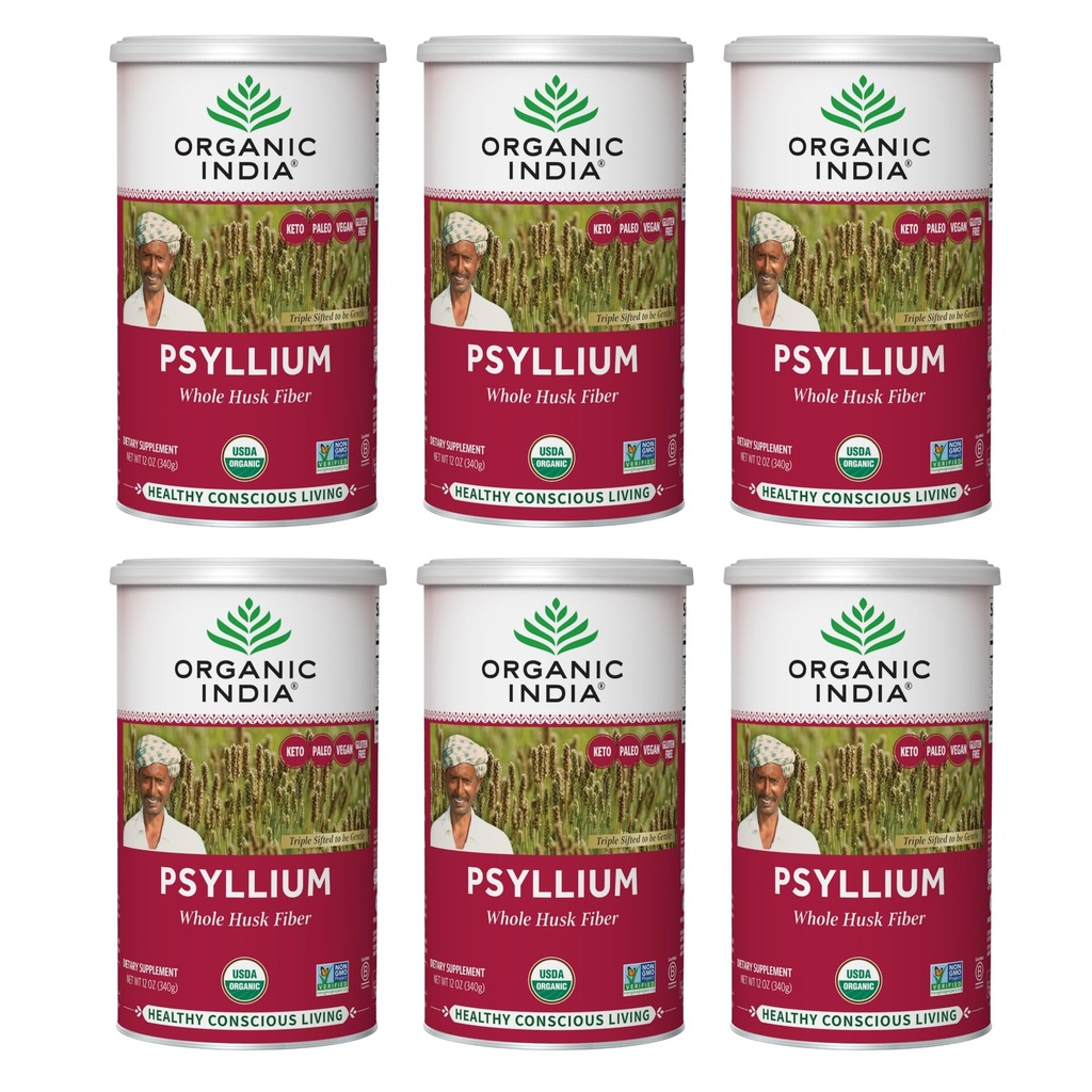 ORGANIČNA INDIA Cel Psylium Husk Powder Organic - Psyllium Husk Fiber Dodatek, Prebavna podpora, Vegan, Gluten-free, Ne-GMO, Topen in netopen Fiber Vir - 12 oz Canister, 6 Pack